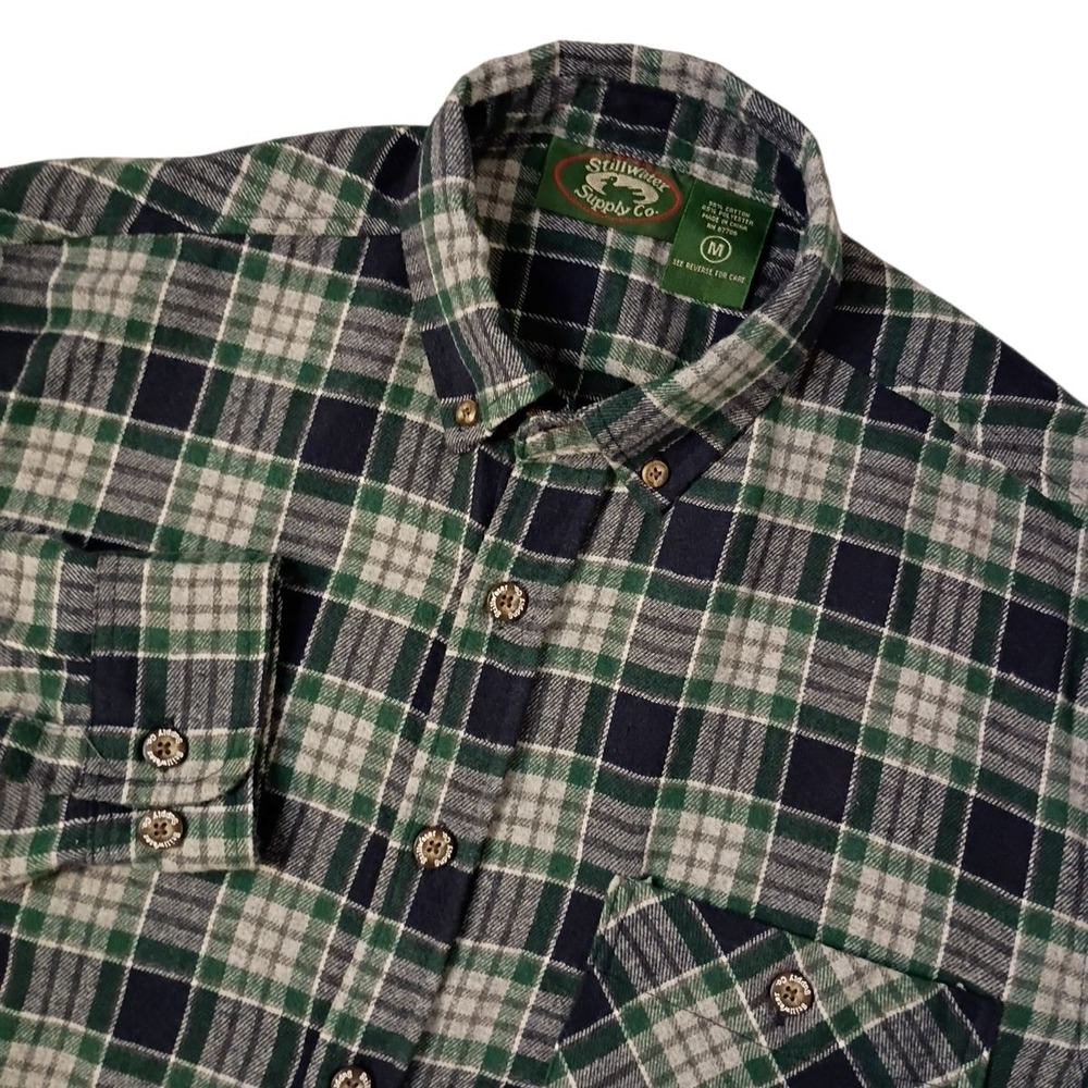 Stillwater Supply Co Flannel Shirt Mens‎ Medium Blue Green Plaid Pocket Outdoor